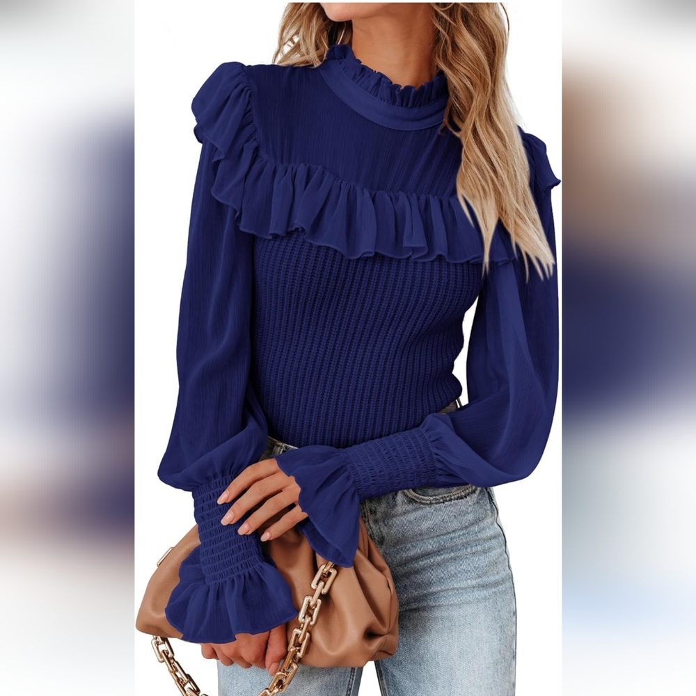 Elegant Blue Off-the-Shoulder Sweater with Ruffle Accents‎